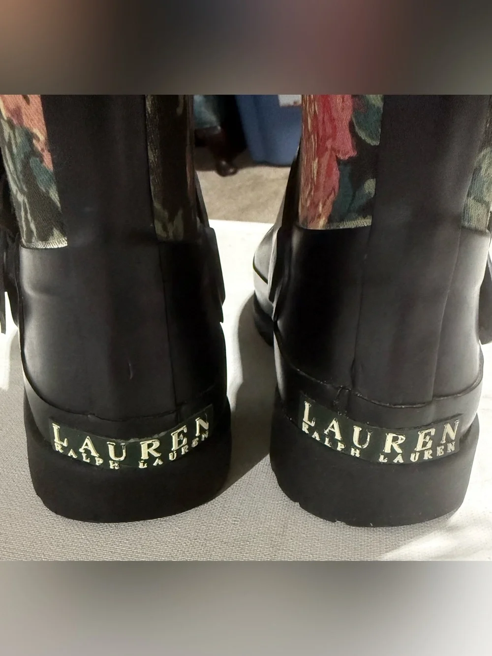 Lauren Ralph Lauren Black Rain Boots with Floral Print Shaft and Buckle Detail